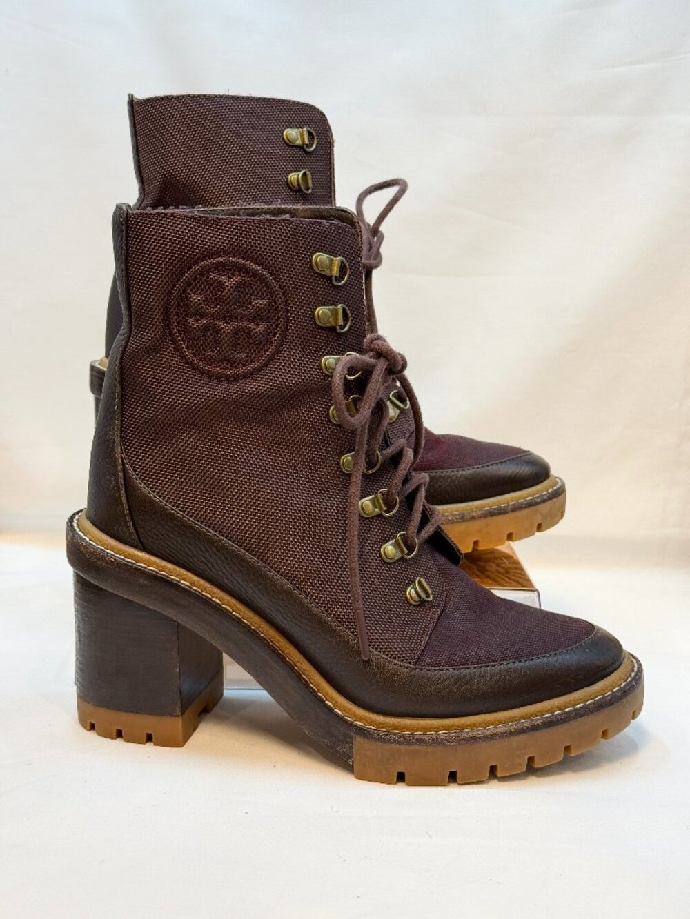 Tory Burch Miller Mixed Media Lug Sole Combat Boots Burgundy Brown Size 7.5